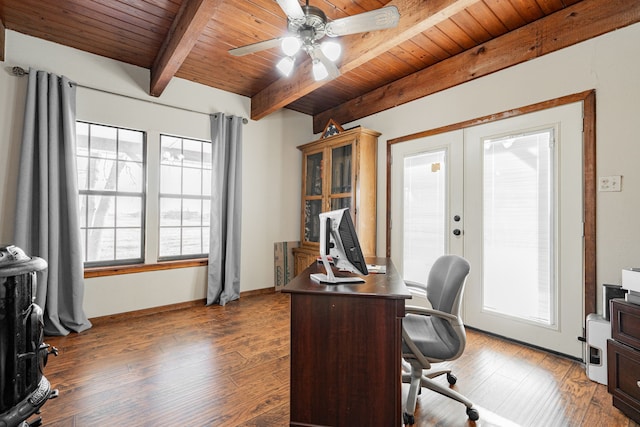 office area featuring ceiling fan, wooden ceiling, wood finished floors, french doors, and beam ceiling