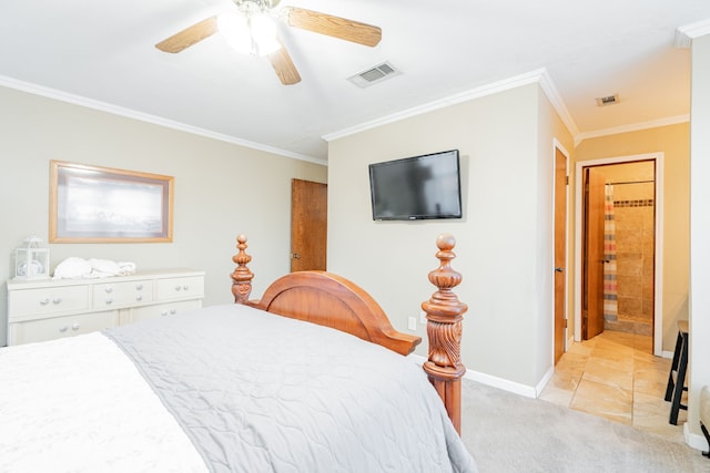 bedroom featuring light colored carpet, visible vents, ornamental molding, a ceiling fan, and baseboards