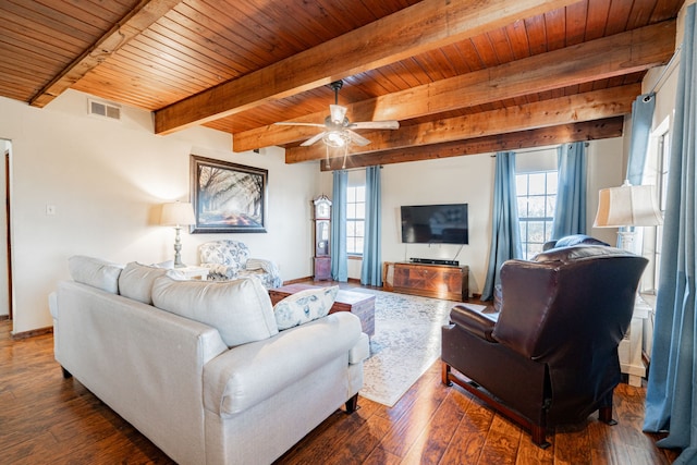 living area with wooden ceiling, a wealth of natural light, wood-type flooring, and visible vents