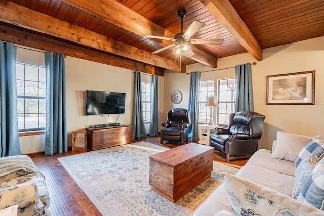 living room with a ceiling fan, wooden ceiling, beamed ceiling, and hardwood / wood-style floors