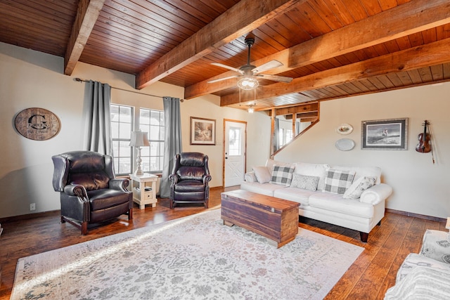 living room with baseboards, a ceiling fan, wooden ceiling, wood-type flooring, and beamed ceiling