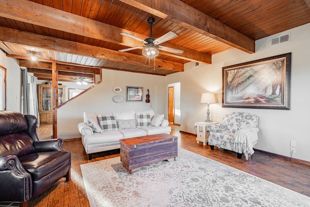 living area featuring a ceiling fan, wooden ceiling, visible vents, and wood finished floors