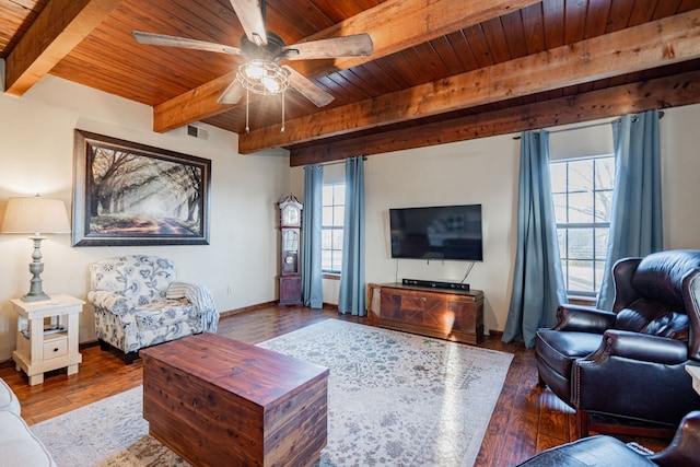 living area featuring wood-type flooring, visible vents, wooden ceiling, beamed ceiling, and baseboards