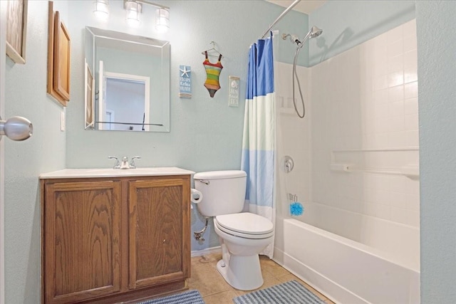 full bathroom with shower / bath combination with curtain, vanity, toilet, and tile patterned floors