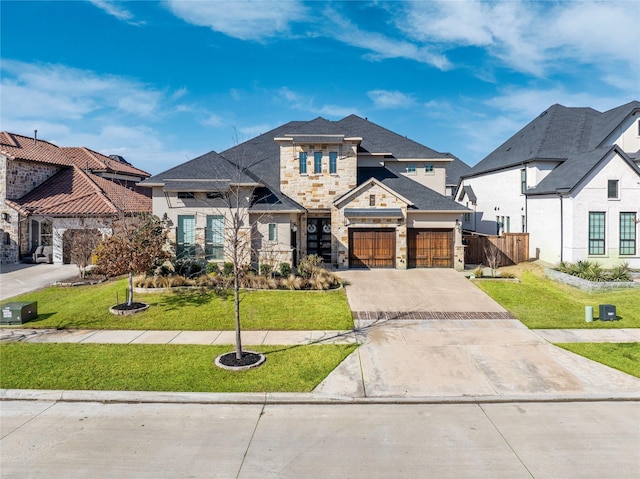 view of front of property with stone siding, fence, a front lawn, and concrete driveway