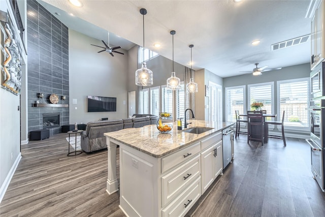 kitchen with dark wood-style floors, a fireplace, stainless steel dishwasher, white cabinetry, and a sink