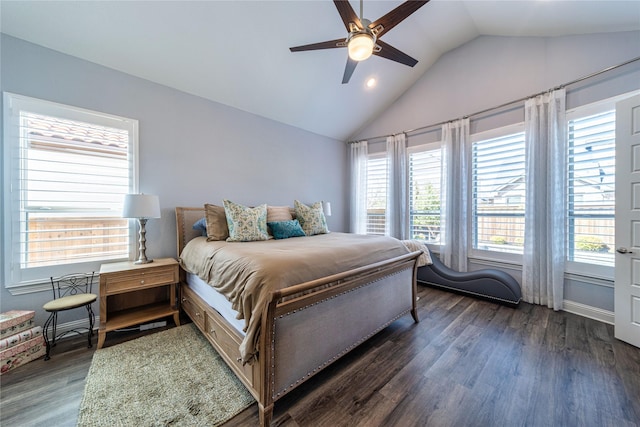 bedroom featuring a ceiling fan, vaulted ceiling, and wood finished floors