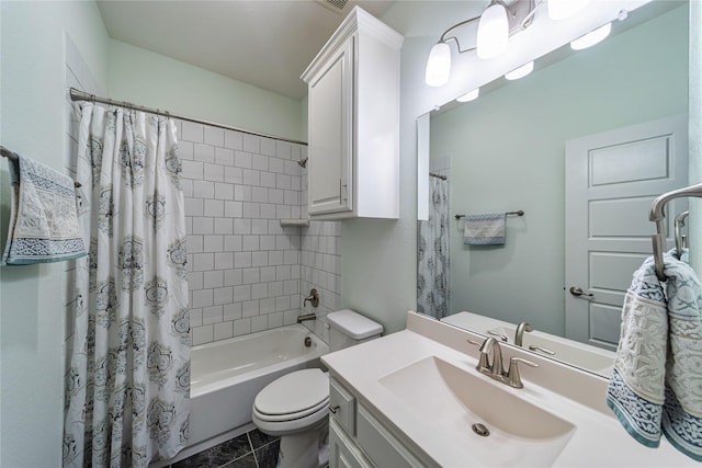 bathroom featuring shower / bathtub combination with curtain, toilet, and vanity