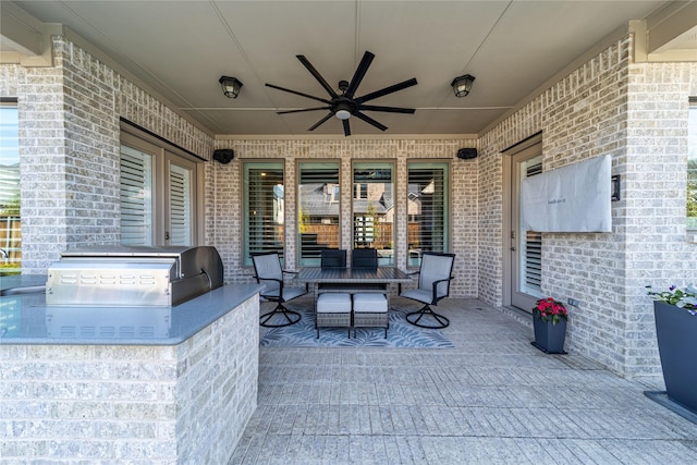 view of patio / terrace featuring ceiling fan, an outdoor hangout area, grilling area, and area for grilling