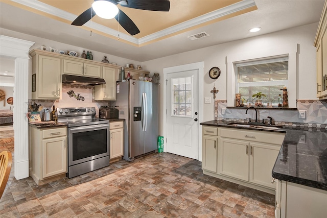 kitchen featuring under cabinet range hood, a tray ceiling, stainless steel appliances, and a sink