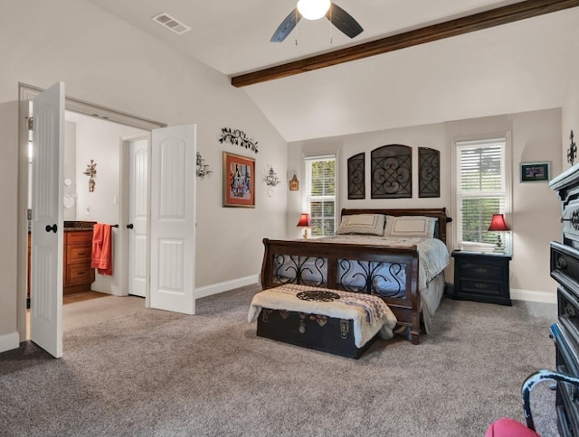 bedroom featuring visible vents, baseboards, a ceiling fan, vaulted ceiling with beams, and carpet