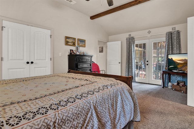 bedroom with visible vents, vaulted ceiling with beams, access to outside, carpet flooring, and french doors