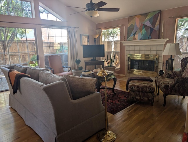 living area featuring plenty of natural light, vaulted ceiling, a fireplace, and wood finished floors