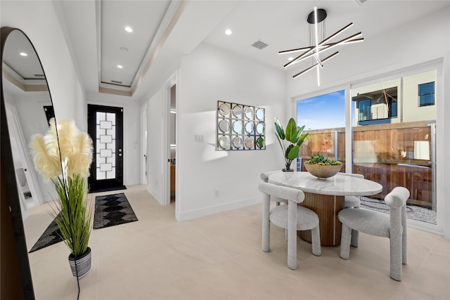 dining room with baseboards, recessed lighting, visible vents, and an inviting chandelier