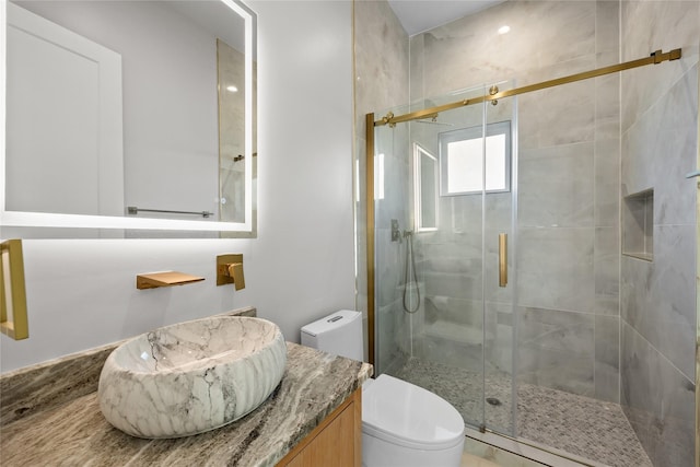 bathroom with vanity, a shower stall, and toilet