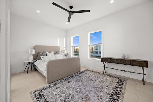 bedroom featuring recessed lighting, tile patterned flooring, ceiling fan, and baseboards