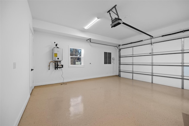 garage with water heater, baseboards, and a garage door opener