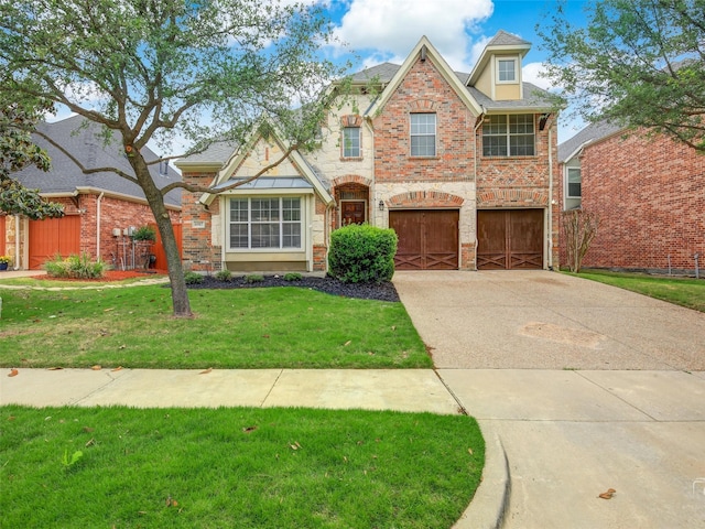 view of front facade featuring concrete driveway, brick siding, an attached garage, and a front yard