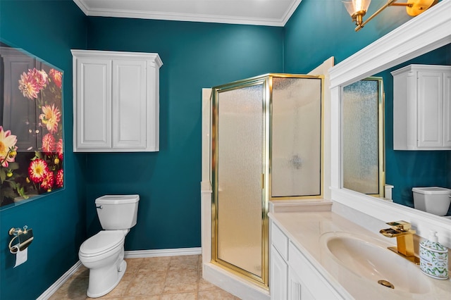 bathroom with baseboards, vanity, toilet, and a shower stall