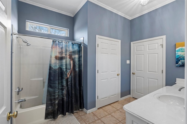 full bath featuring shower / bath combo, vanity, tile patterned floors, baseboards, and ornamental molding