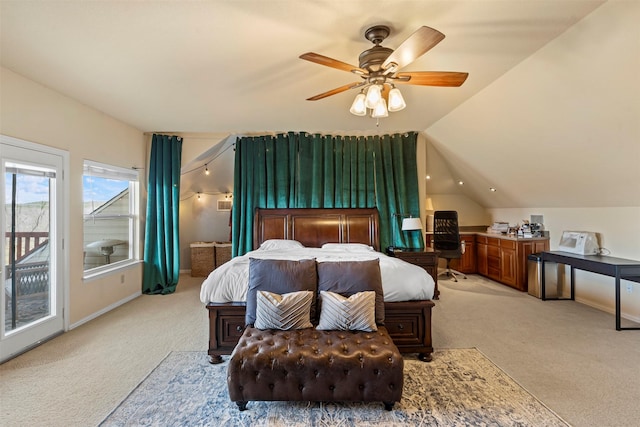 bedroom with access to outside, a ceiling fan, light carpet, and lofted ceiling