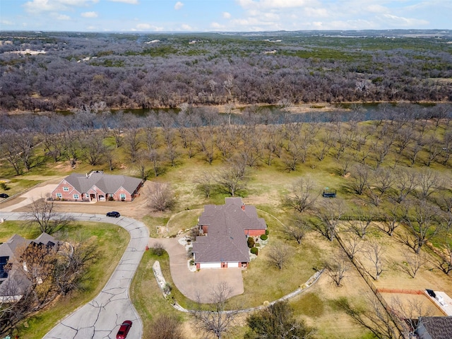 bird's eye view with a wooded view