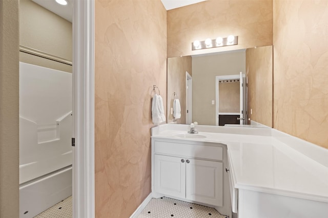 full bath with tile patterned flooring and vanity