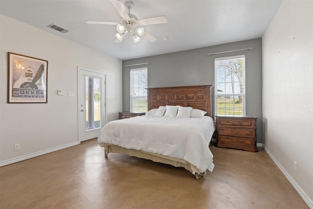 bedroom featuring access to outside, multiple windows, visible vents, and baseboards