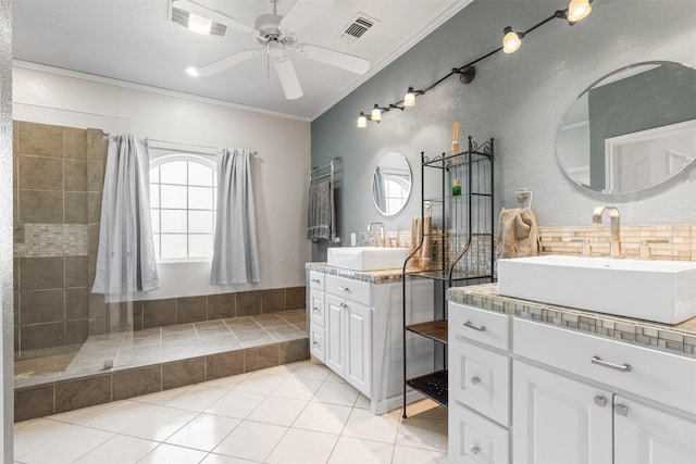 full bathroom with visible vents, walk in shower, a sink, and ornamental molding