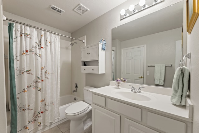 full bath with shower / tub combo, visible vents, toilet, and tile patterned floors