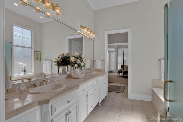 full bath with double vanity, tile patterned flooring, ornamental molding, and a sink