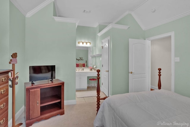 bedroom with visible vents, connected bathroom, light colored carpet, lofted ceiling, and crown molding