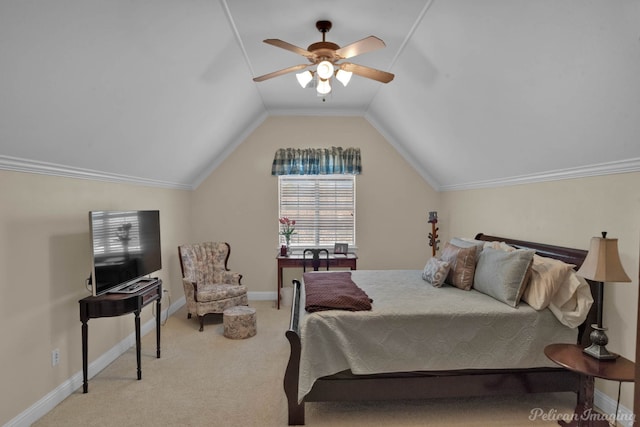 bedroom featuring carpet flooring, vaulted ceiling, baseboards, and ceiling fan