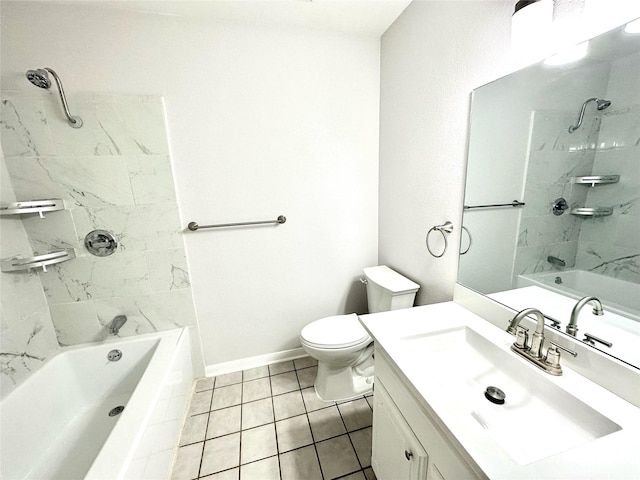 full bath with toilet, vanity, baseboards,  shower combination, and tile patterned floors