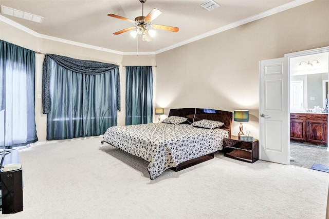 bedroom featuring crown molding, visible vents, ceiling fan, and carpet flooring