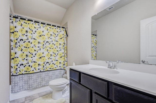 bathroom featuring visible vents, toilet, shower / bath combo, vanity, and vaulted ceiling