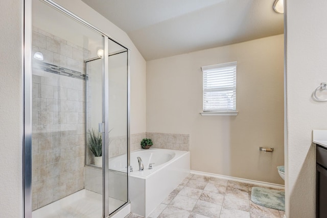 full bathroom with a garden tub, toilet, a stall shower, baseboards, and vanity