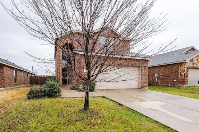 view of front of house with a front yard, a garage, brick siding, and driveway