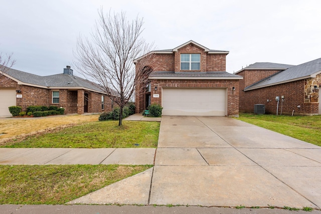 traditional-style house featuring driveway, central AC, a front lawn, a garage, and brick siding