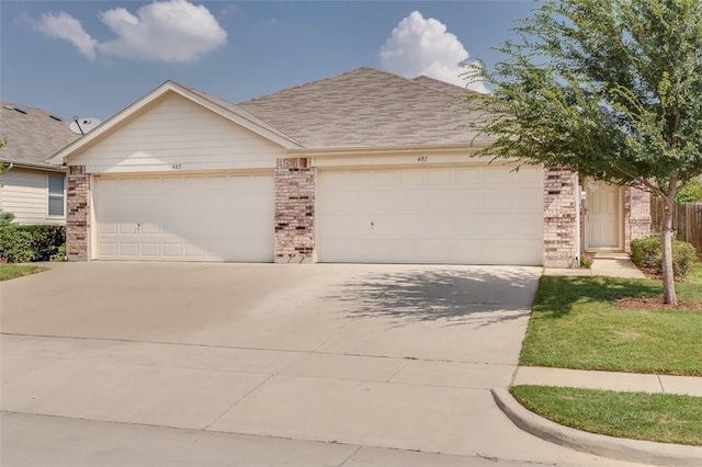 ranch-style house with a garage, concrete driveway, brick siding, and roof with shingles