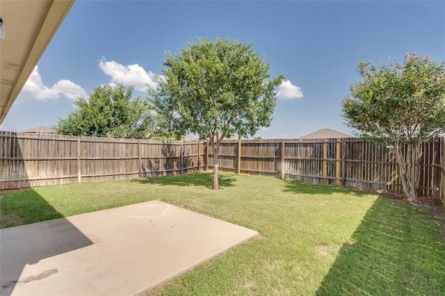 view of yard with a fenced backyard and a patio