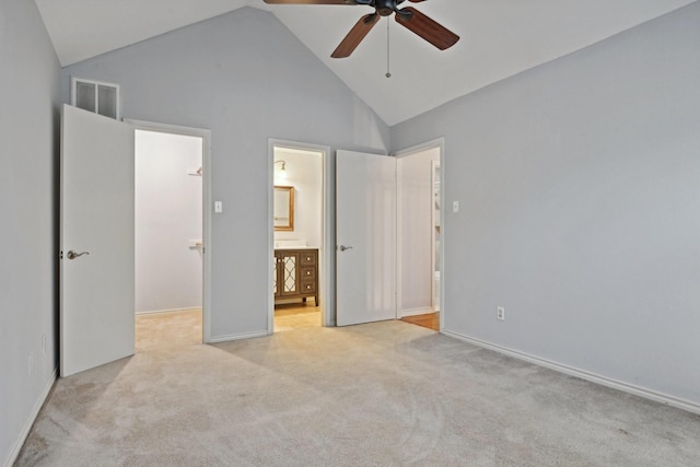 unfurnished bedroom with visible vents, ensuite bath, ceiling fan, carpet flooring, and high vaulted ceiling