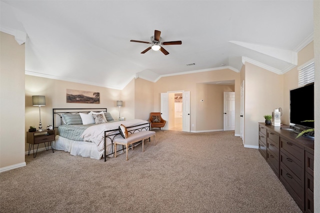 bedroom featuring baseboards, visible vents, ornamental molding, vaulted ceiling, and carpet floors