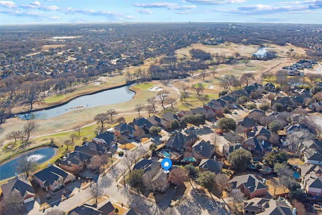 bird's eye view featuring a residential view, view of golf course, and a water view