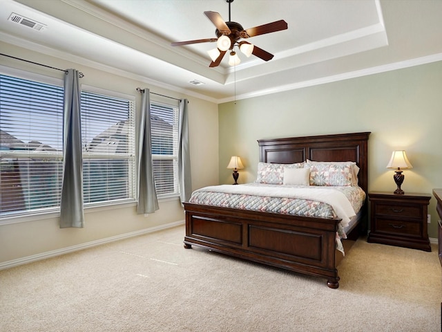 7132 Goodnight Ranch Rd, North Richland Hills, TX 76182 - bedroom with a tray ceiling, light colored carpet, crown molding, and a ceiling fan