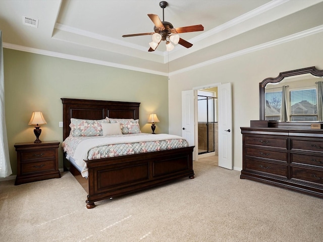 7132 Goodnight Ranch Rd, North Richland Hills, TX 76182 - bedroom featuring a raised ceiling, light colored carpet, ornamental molding, and ceiling fan