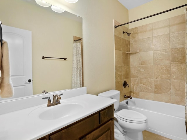 bathroom featuring shower / bath combination with curtain, vanity, and toilet