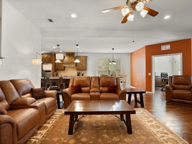 7132 Goodnight Ranch Rd, North Richland Hills, TX 76182 - living room featuring wood finished floors, a ceiling fan, and recessed lighting