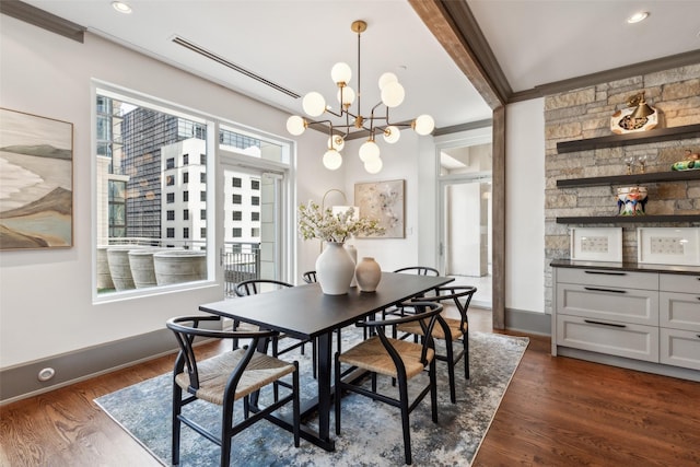 2300 Wolf St Unit 3D, Dallas, TX 75201 - dining space featuring baseboards, dark wood-style floors, beam ceiling, a notable chandelier, and recessed lighting