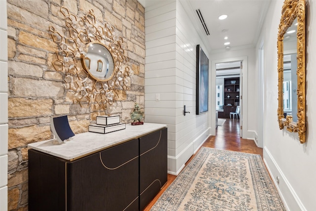 2300 Wolf St Unit 3D, Dallas, TX 75201 - hallway with baseboards, ornamental molding, dark wood finished floors, and recessed lighting